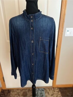 Soft Surrounding denim medium dark wash light distressed long sleeve shirt.Large